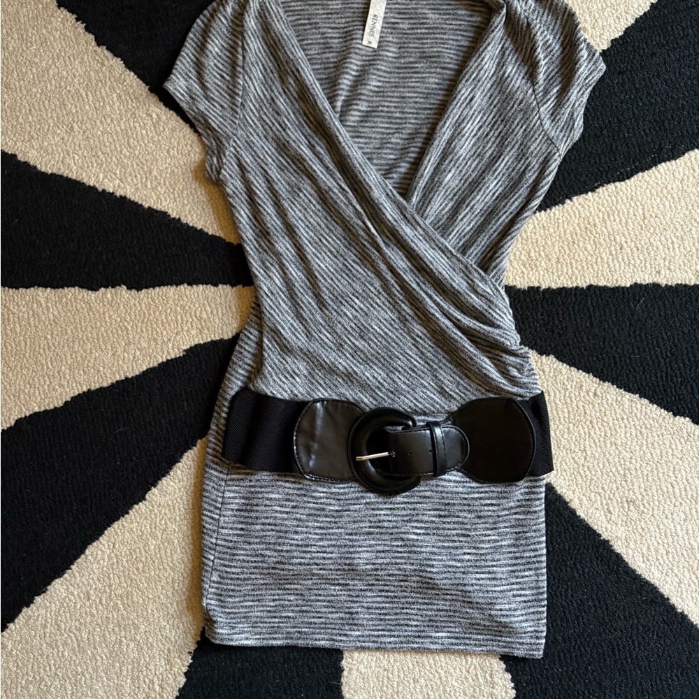 Striped Gray Mini Dress with Belt